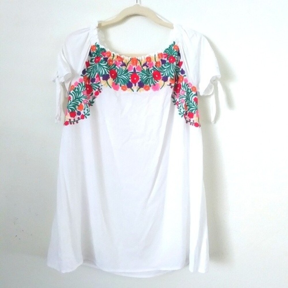 White Boho Peasant Top with Colorful Floral Embroidery
